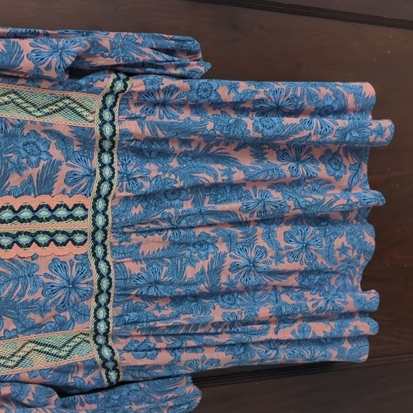 J. Jill Blue and Coral  Floral Embroidered Boho Tropical 3/4 Sleeve Blouse LP - Picture 4 of 8